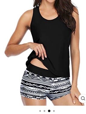 Black Racerback Tankini Top with Strappy Back. Yonique 3 pieces